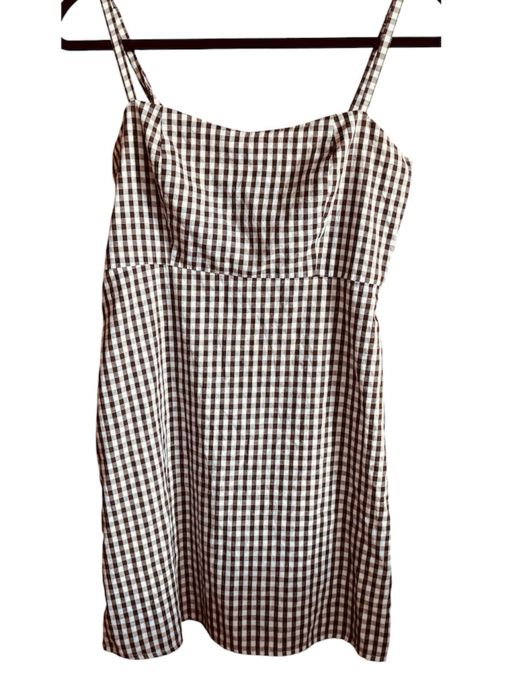 Women's brown and white gingham Junior size mini dress with spaghetti straps.